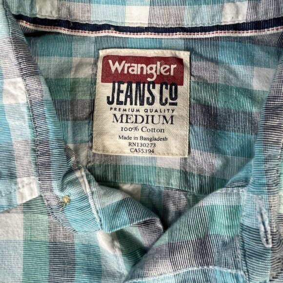 Wrangler Jeans Co Button Up Collared Shirt Men's M Blue Green Plaid Long Sleeve - Picture 4 of 8